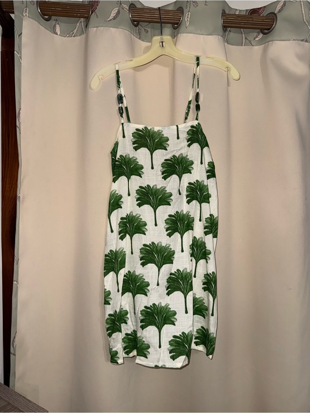 Green Palm-Print White Mini Dress with Spaghetti Straps